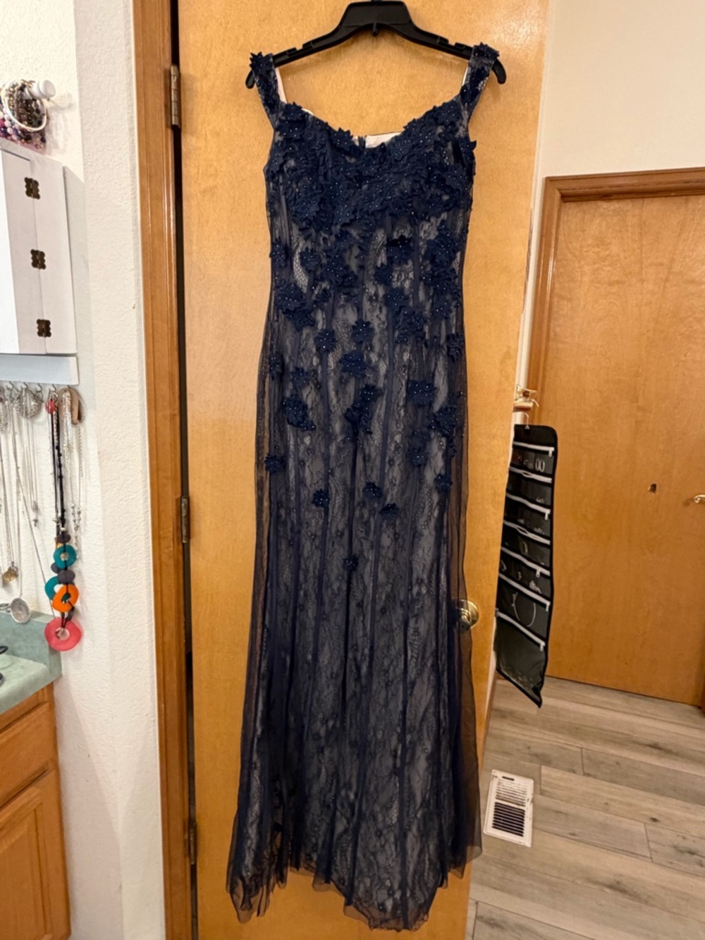 Aqua Formal Navy Beaded Floral Lace Dress